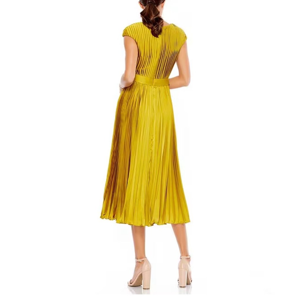 Mac Duggal Pleated‎ Satin V Neck Cap Sleeve Belted Midi Dress Citron Size 6 - Picture 11 of 14